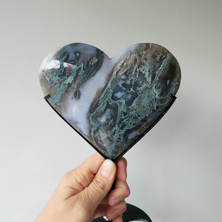 Moss Agate Crystal Heart AAA on stand XL