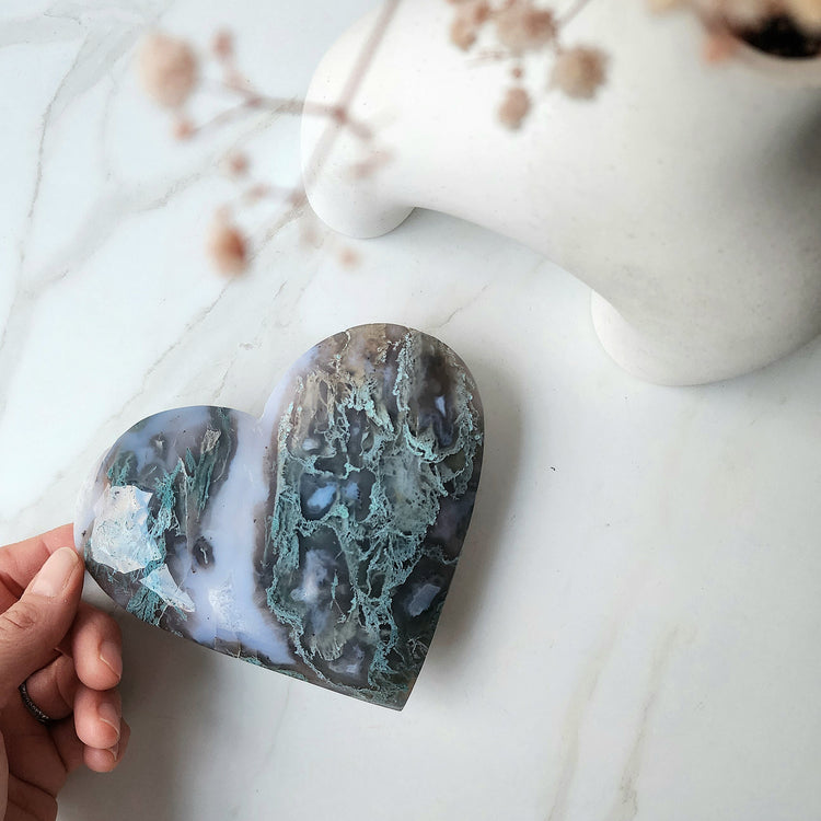 Moss Agate Crystal Heart AAA on stand XL