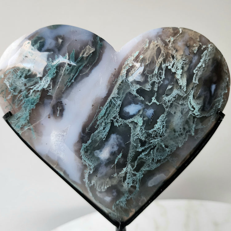 Moss Agate Crystal Heart AAA on stand XL