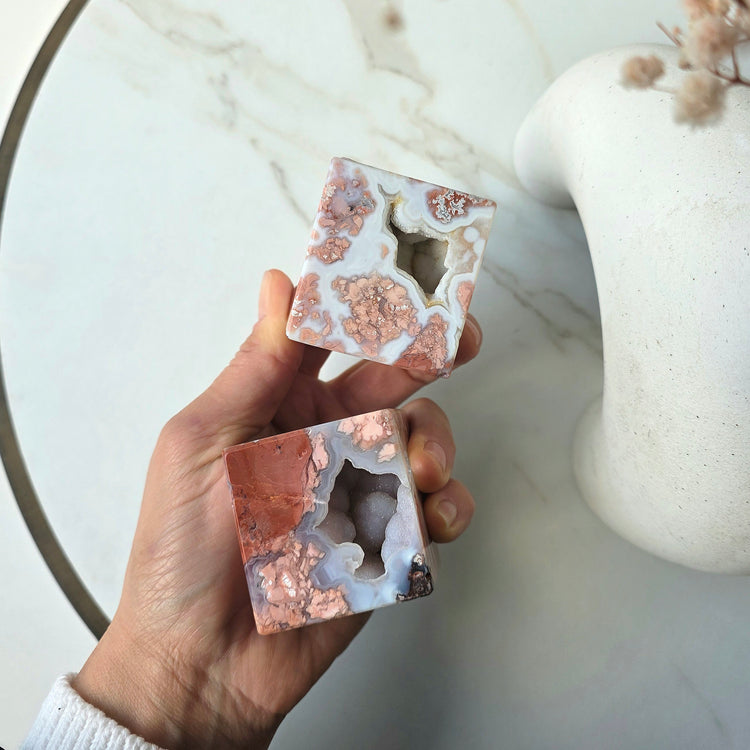 Pink Agate Crystal Cube with Druzy