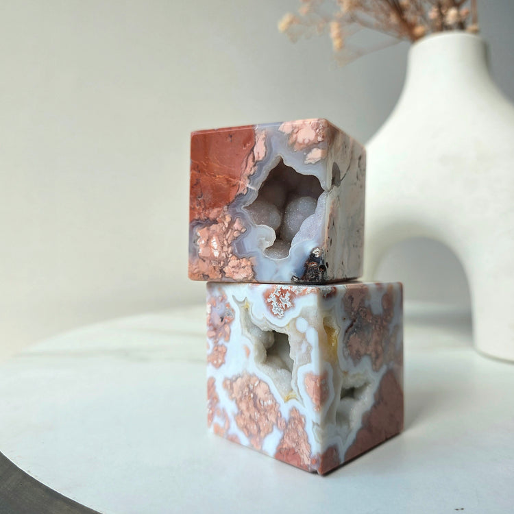 Pink Agate Crystal Cube with Druzy