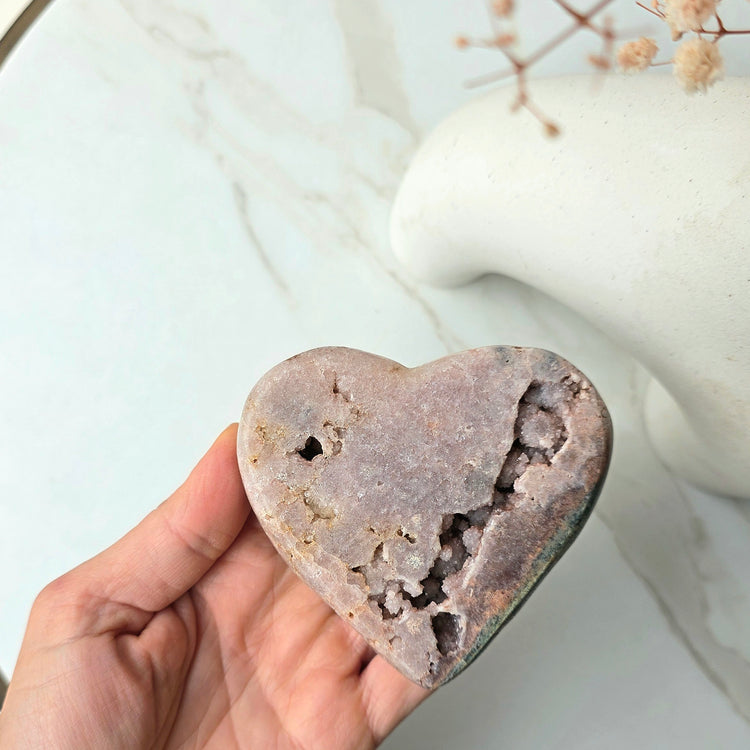 Pink Amethyst Crystal Heart with Druzy Cluster Small