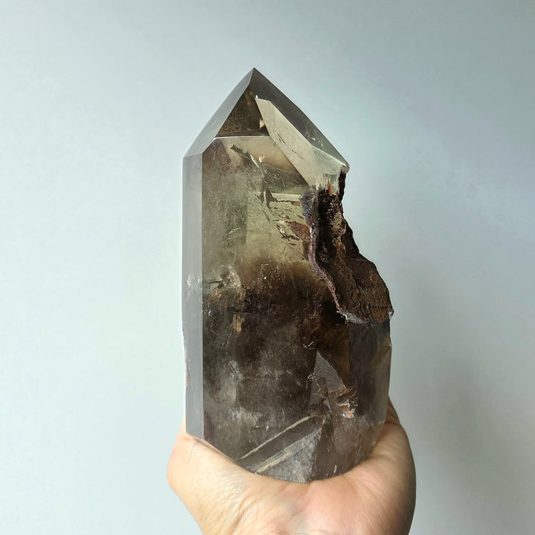 Smokey Quartz Crystal Tower Point Obelisk with lodolite Garden Quartz Inclusion