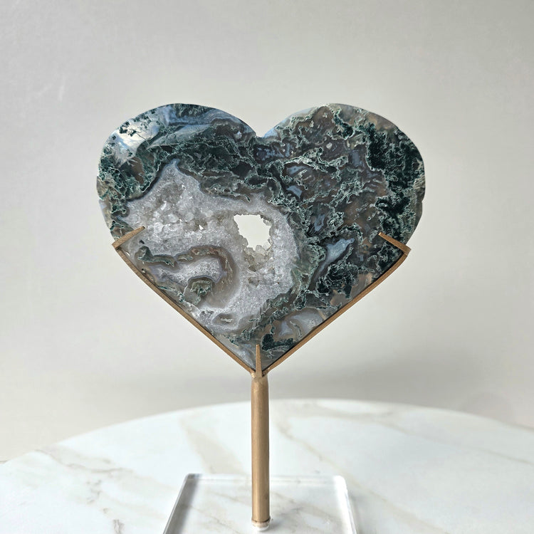 Moss Agate Crystal Heart on Stand High Quality