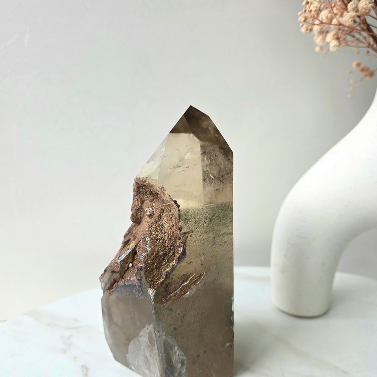 Smokey Quartz Crystal Tower Point Obelisk with lodolite Garden Quartz Inclusion