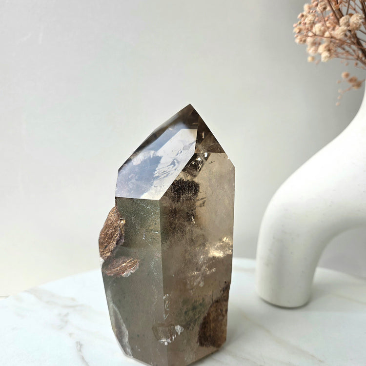 Smokey Quartz Crystal Tower Point Obelisk with lodolite Garden Quartz Inclusion
