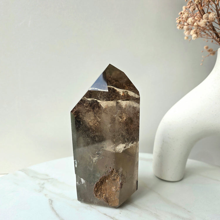 Smokey Quartz Crystal Tower Point Obelisk with lodolite Garden Quartz Inclusion