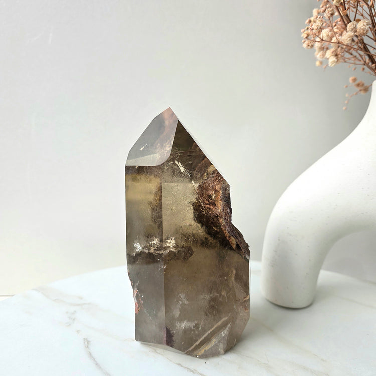 Smokey Quartz Crystal Tower Point Obelisk with lodolite Garden Quartz Inclusion