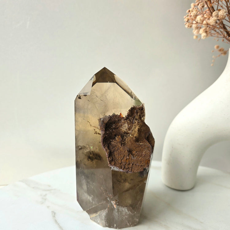 Smokey Quartz Crystal Tower Point Obelisk with lodolite Garden Quartz Inclusion