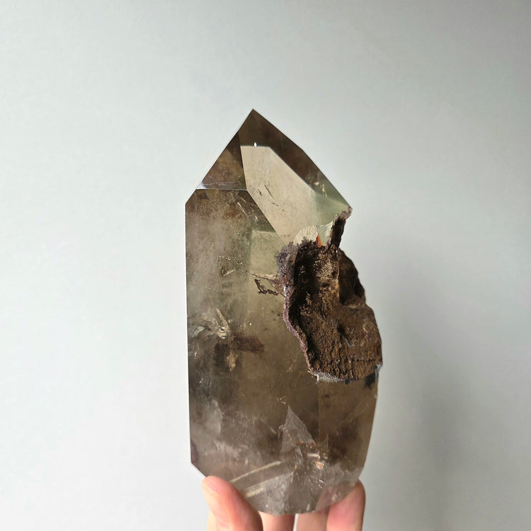 Smokey Quartz Crystal Tower Point Obelisk with lodolite Garden Quartz Inclusion