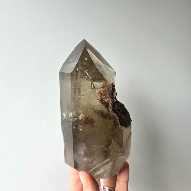 Smokey Quartz Crystal Tower Point Obelisk with lodolite Garden Quartz Inclusion