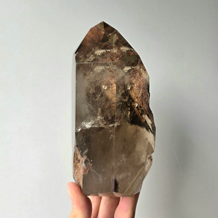 Smokey Quartz Crystal Tower Point Obelisk with lodolite Garden Quartz Inclusion