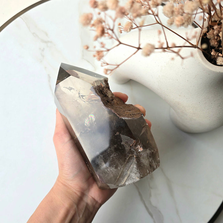 Smokey Quartz Crystal Tower Point Obelisk with lodolite Garden Quartz Inclusion