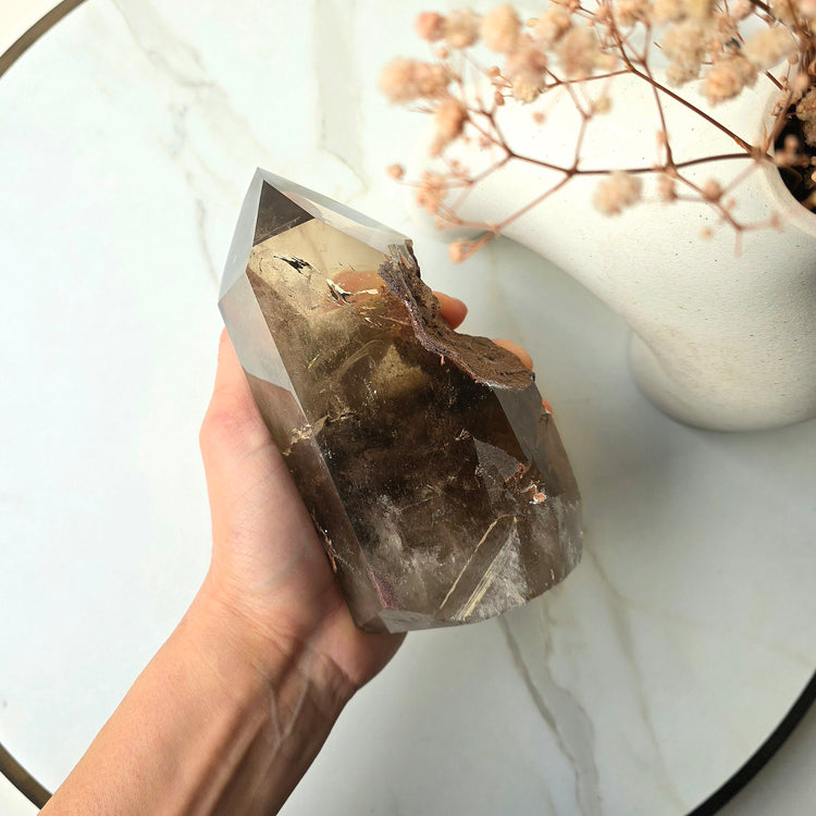 Smokey Quartz Crystal Tower Point Obelisk with lodolite Garden Quartz Inclusion