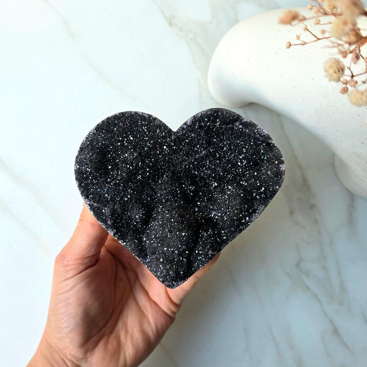 Black Galaxy Amethyst Crystal Carved Heart High Quality