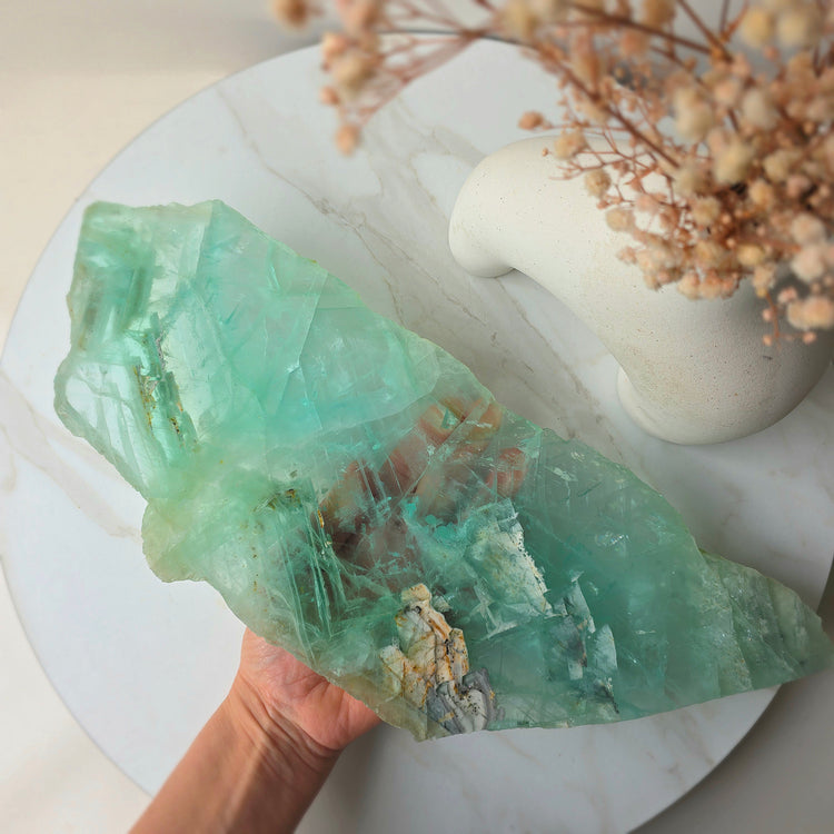 Green Fluorite Crystal Slab Slice XL on Stand