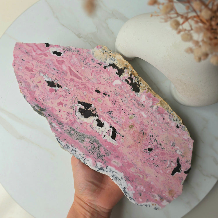 Rhodonite Crystal High Quality Slab Slice on Stand