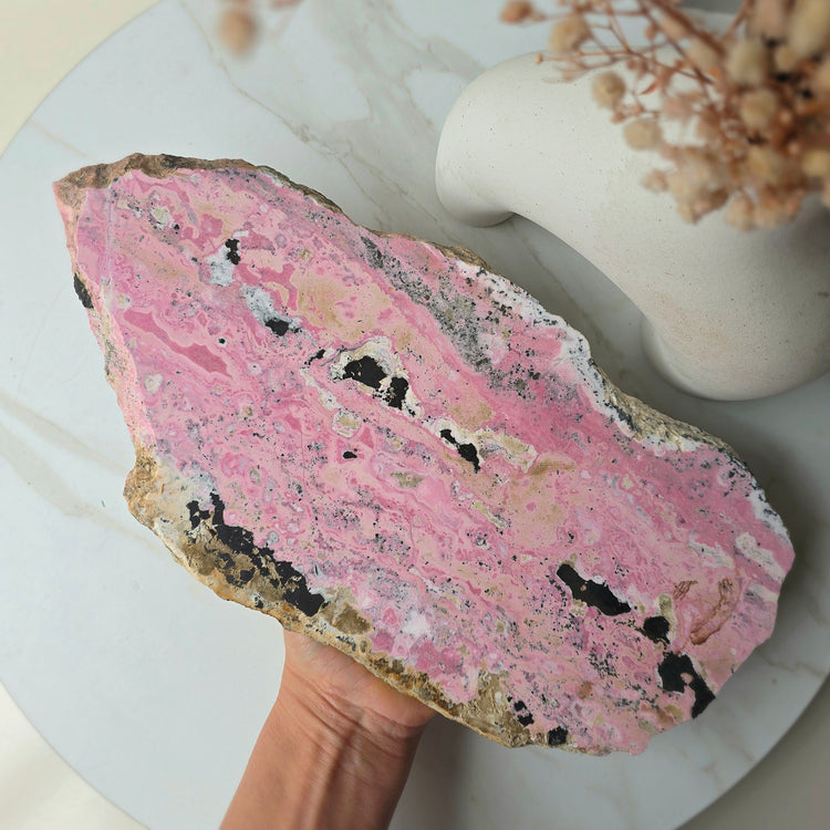Rhodonite Crystal High Quality Slab Slice on Stand