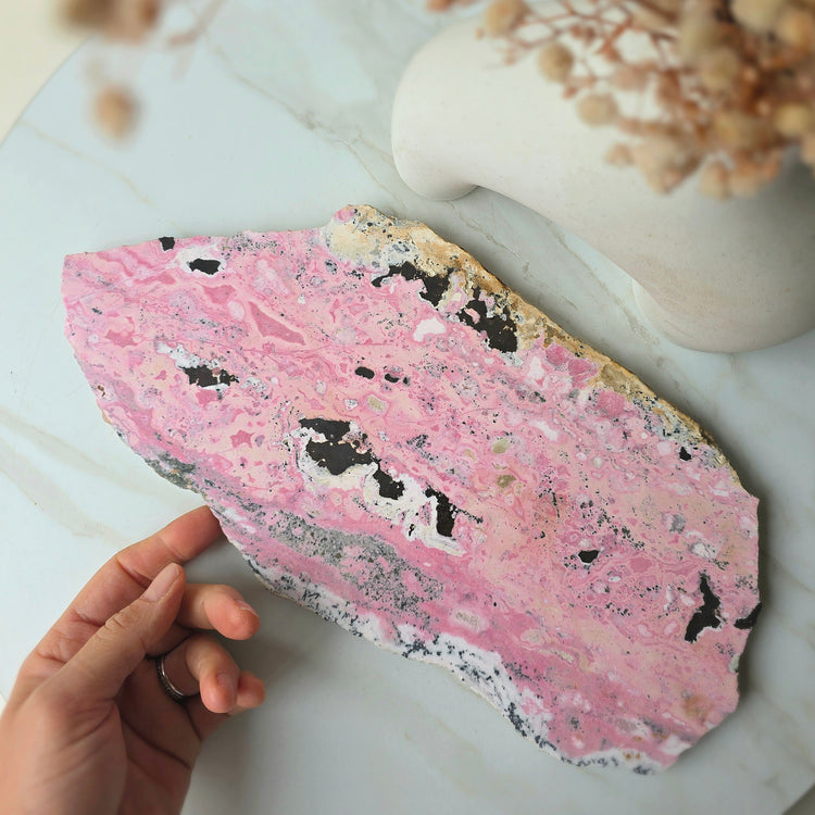 Rhodonite Crystal High Quality Slab Slice on Stand
