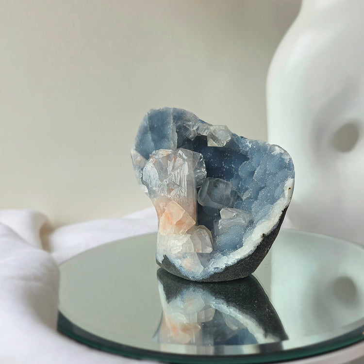 Rare Diamond Apophyllite Crystal on Blue Chalcedony with Stilbite Cluster
