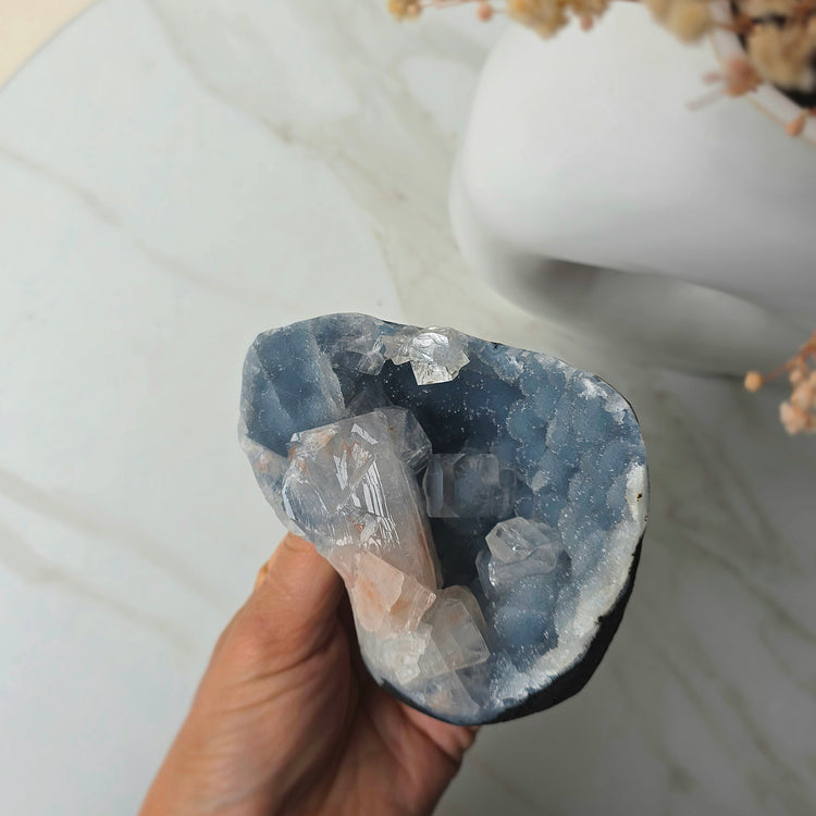 Rare Diamond Apophyllite Crystal on Blue Chalcedony with Stilbite Cluster