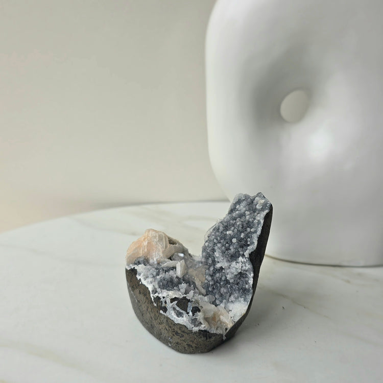 Rare Apophyllite Crystal on Black Amethyst with Stilbite Cluster