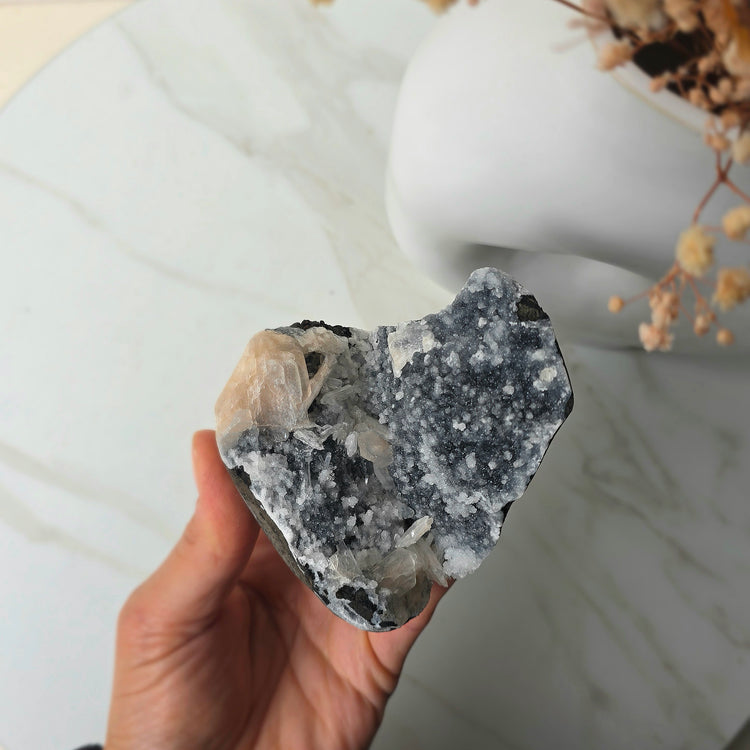 Rare Apophyllite Crystal on Black Amethyst with Stilbite Cluster