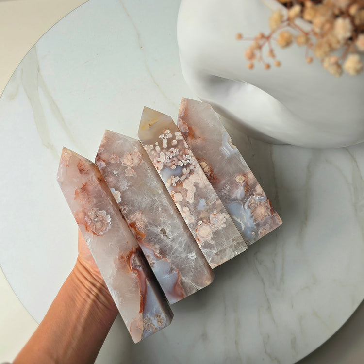 Rare Pink Amethyst Crystal with Cherry Blossom Flower Agate Obelisk Tower Point Generator