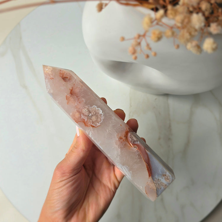 Rare Pink Amethyst Crystal with Cherry Blossom Flower Agate Obelisk Tower Point Generator