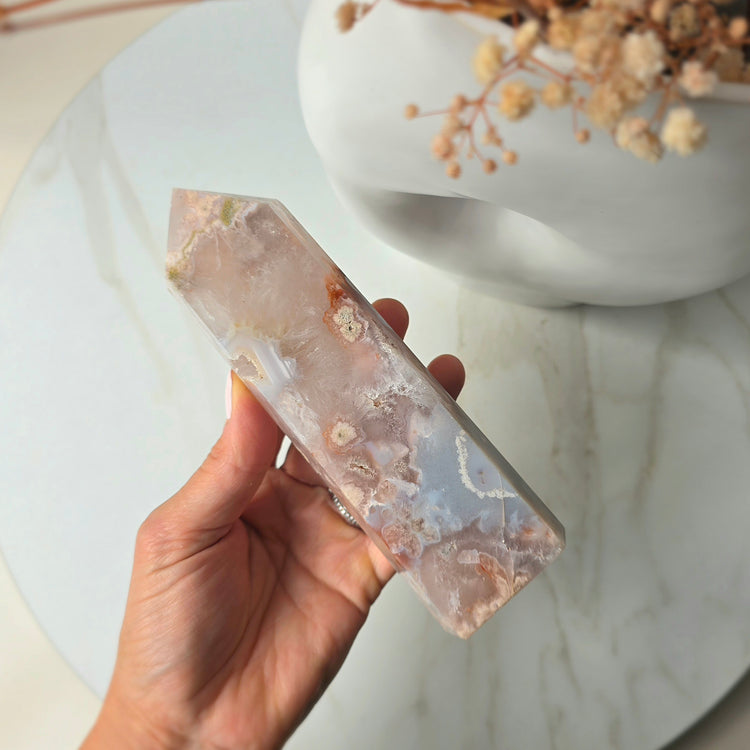 Rare Pink Amethyst Crystal with Cherry Blossom Flower Agate Obelisk Tower Point Generator