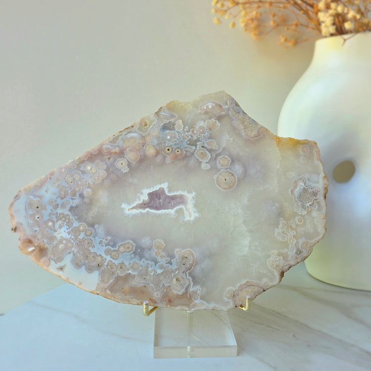 Rare Pink Amethyst Crystal with Cherry Blossom Flower Agate Slab Slice with stand 2