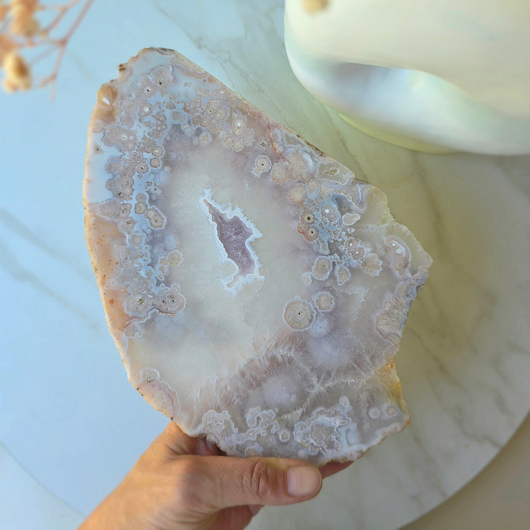 Rare Pink Amethyst Crystal with Cherry Blossom Flower Agate Slab Slice with stand 2