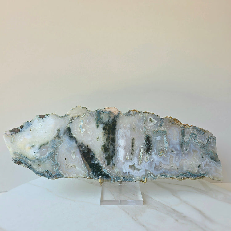 Green Moss Agate Crystal Slab Slice with stand