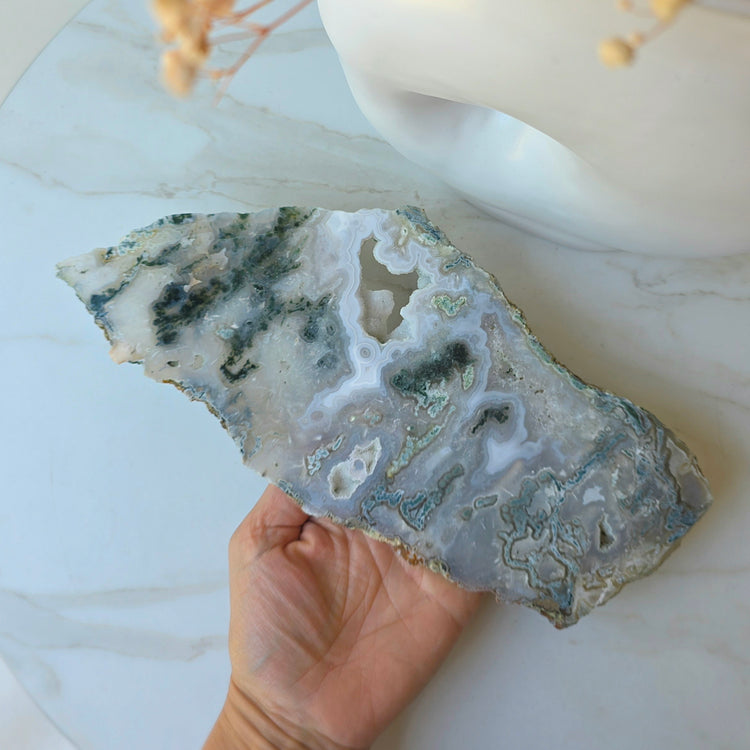 Green Moss Agate Crystal Slab Slice with stand