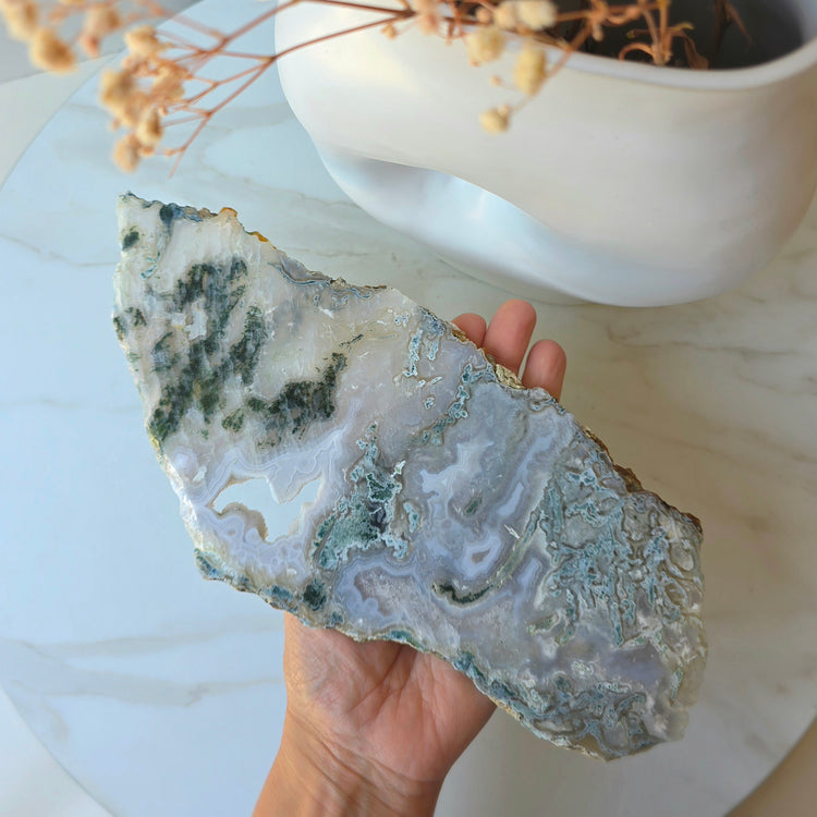 Green Moss Agate Crystal Slab Slice with stand