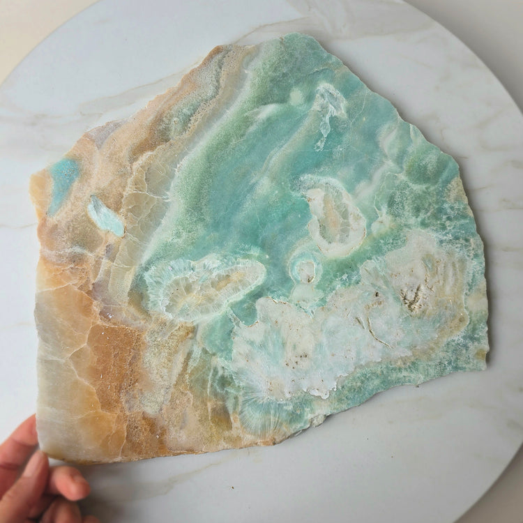 Amazonite Crystal Slab Slice on Gold Stand XL