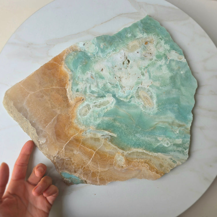 Amazonite Crystal Slab Slice on Gold Stand XL