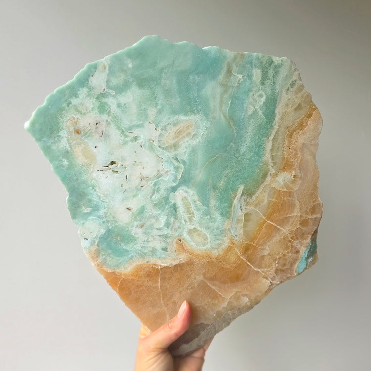 Amazonite Crystal Slab Slice on Gold Stand XL