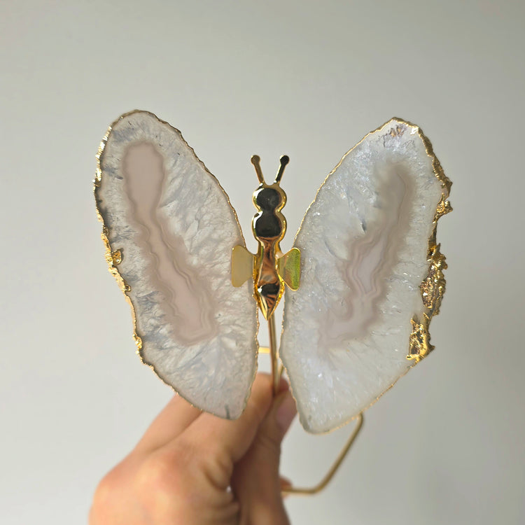White Agate Crystal Butterfly Gold Edge on Stand