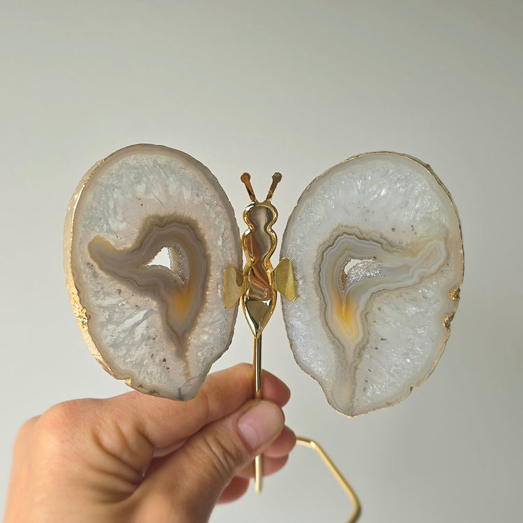 White Agate Crystal Butterfly Gold Edge on Stand