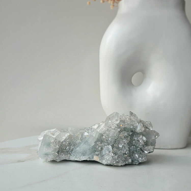 Rare Diamond Apophyllite Crystal on Blue Chalcedony with Stilbite Crystal Cluster Collectors Piece