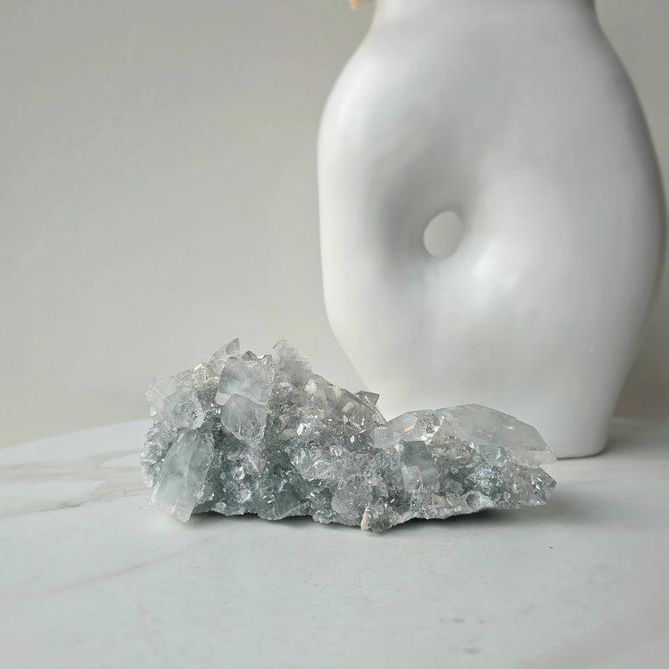 Rare Diamond Apophyllite Crystal on Blue Chalcedony with Stilbite Crystal Cluster Collectors Piece