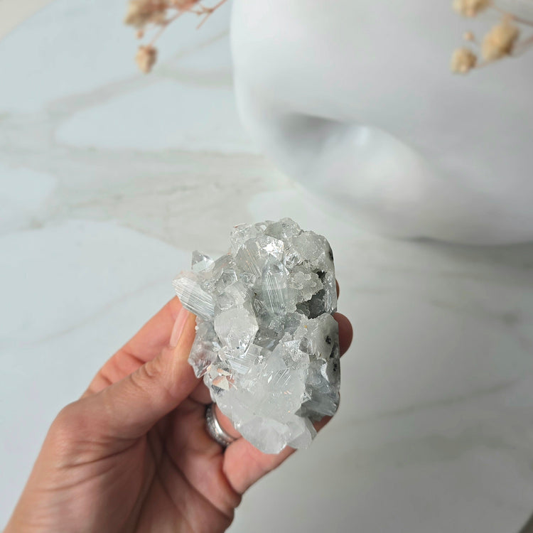 Rare Diamond Apophyllite Crystal on Blue Chalcedony with Stilbite Crystal Cluster Collectors Piece