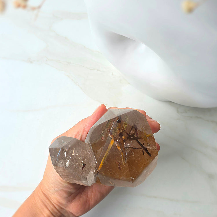 Rare Natural Citrine Crystal with Green Tourmaline Crystal Twin Point Brazil High Quality Collectors Piece