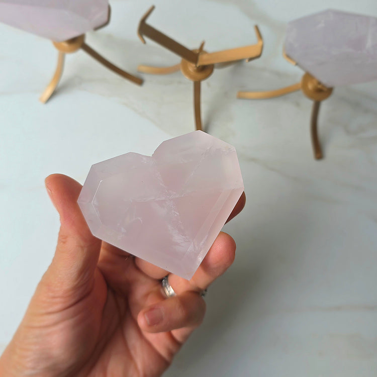 Rare Periwinkle Rose Quartz Crystal Heart on Stand