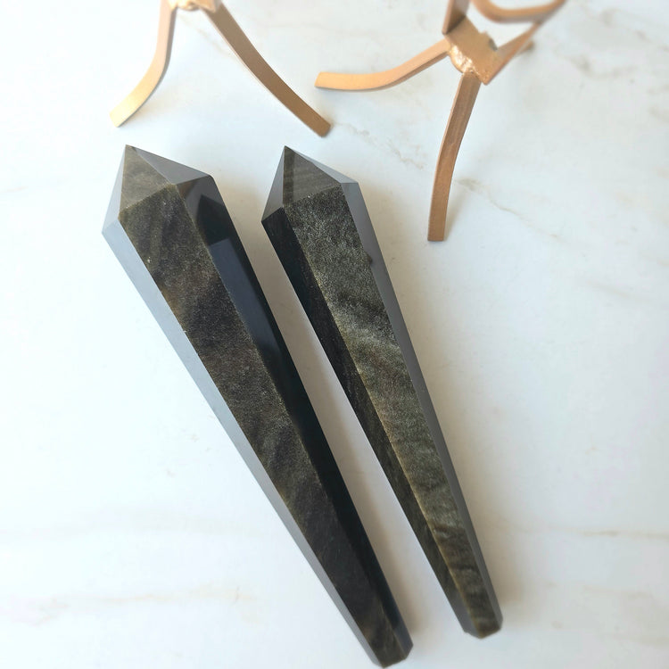 Black Obsidian Crystal Gold Sheen Wand on Stand