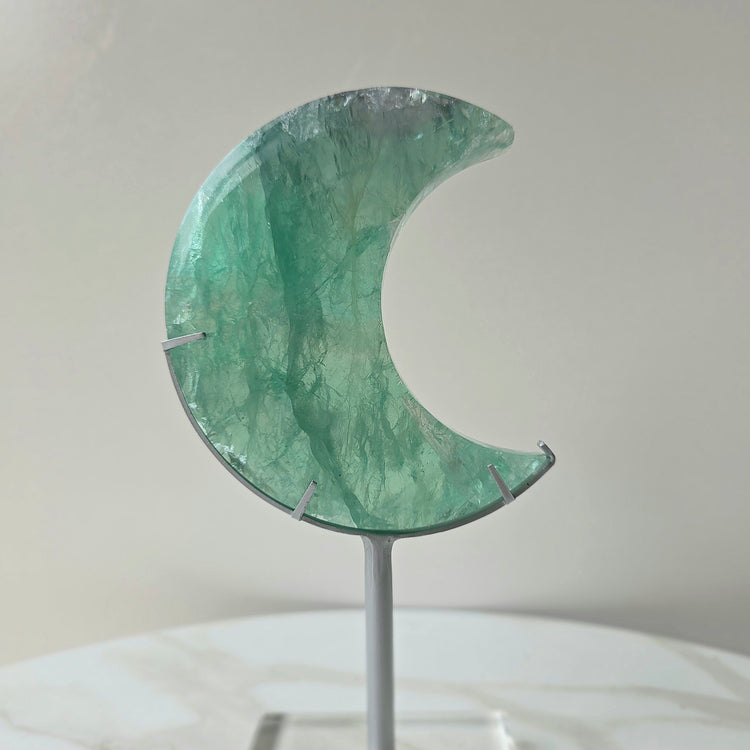 Green Fluorite Crystal Moon on Stand China