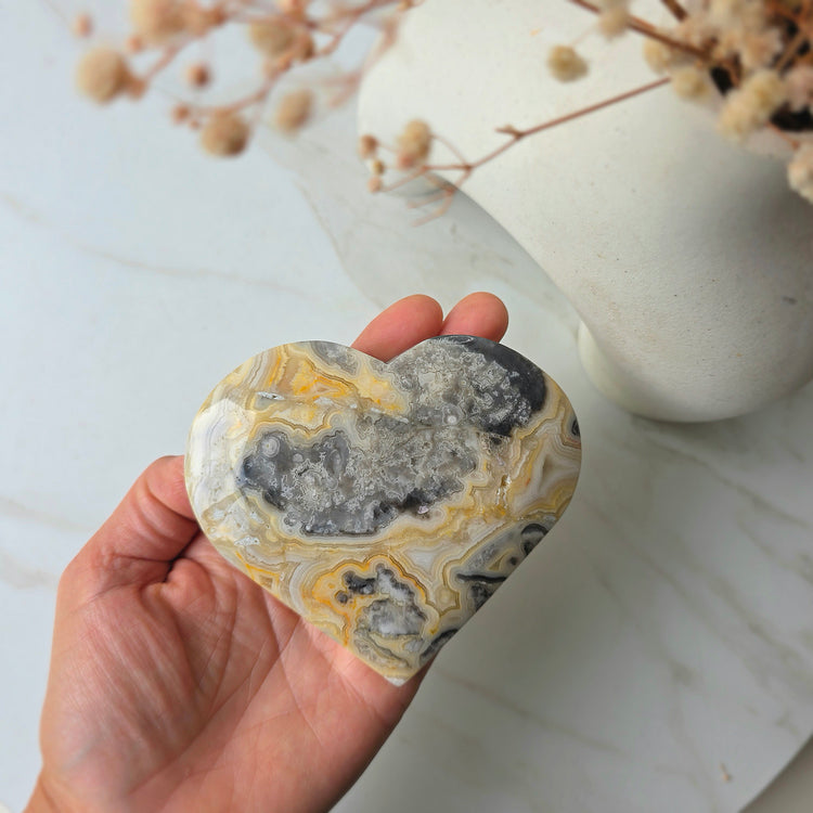 Crazy Lace Agate Crystal Heart on Stand Mexico