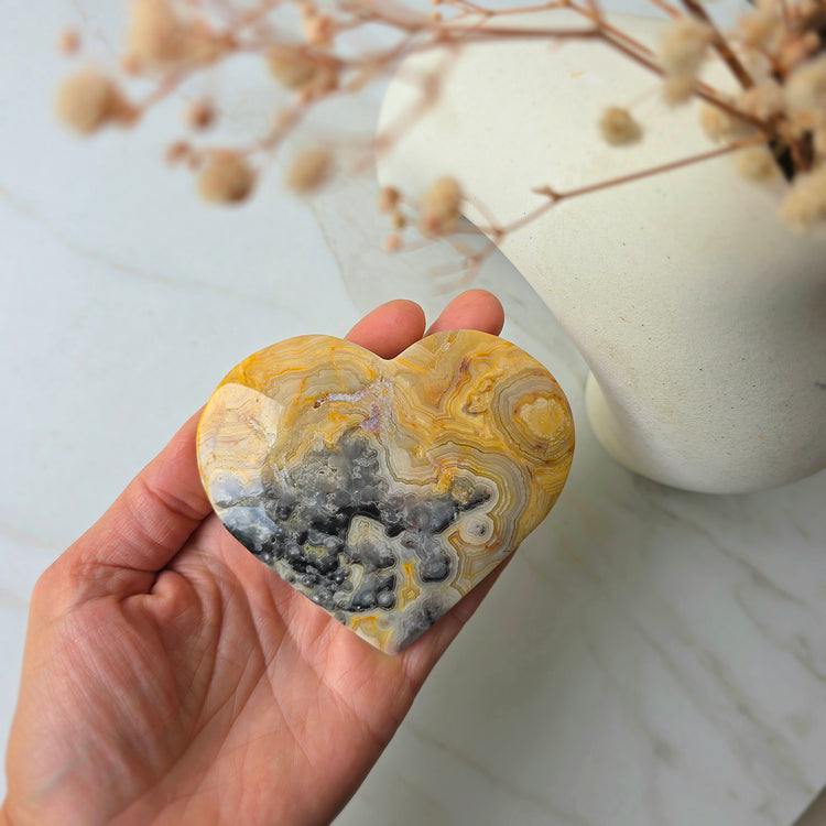 Crazy Lace Agate Crystal Heart on Stand Mexico