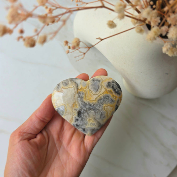 Crazy Lace Agate Crystal Heart on Stand Mexico